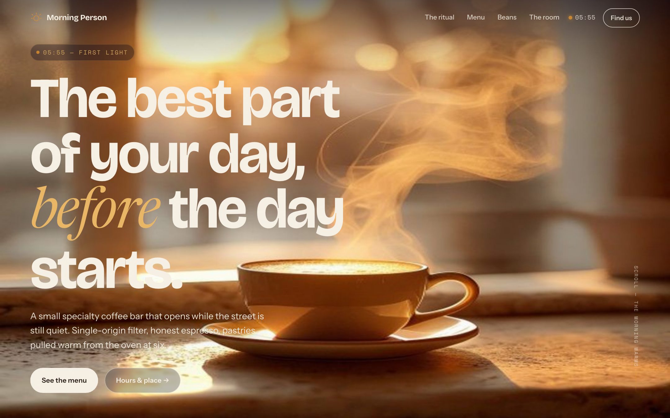 MORNING PERSON — a specialty café site with a golden steaming latte hero and the headline 'The best part of your day, before the day starts.'