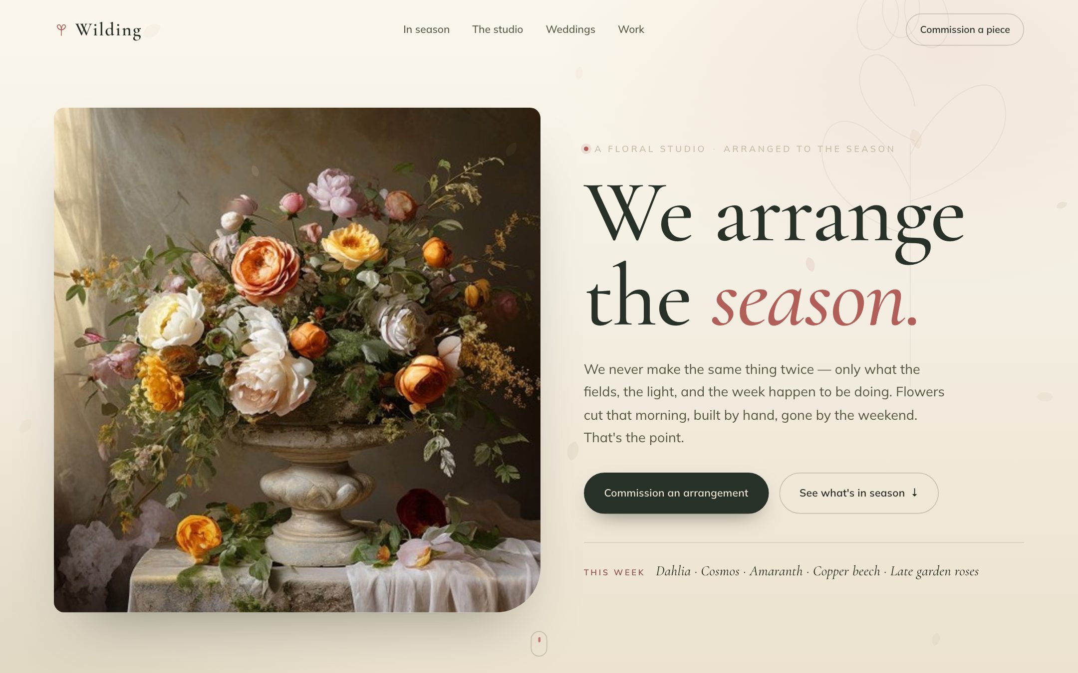 WILDING — a floral studio site on herbarium cream with a lush seasonal arrangement and the headline 'We arrange the season.'